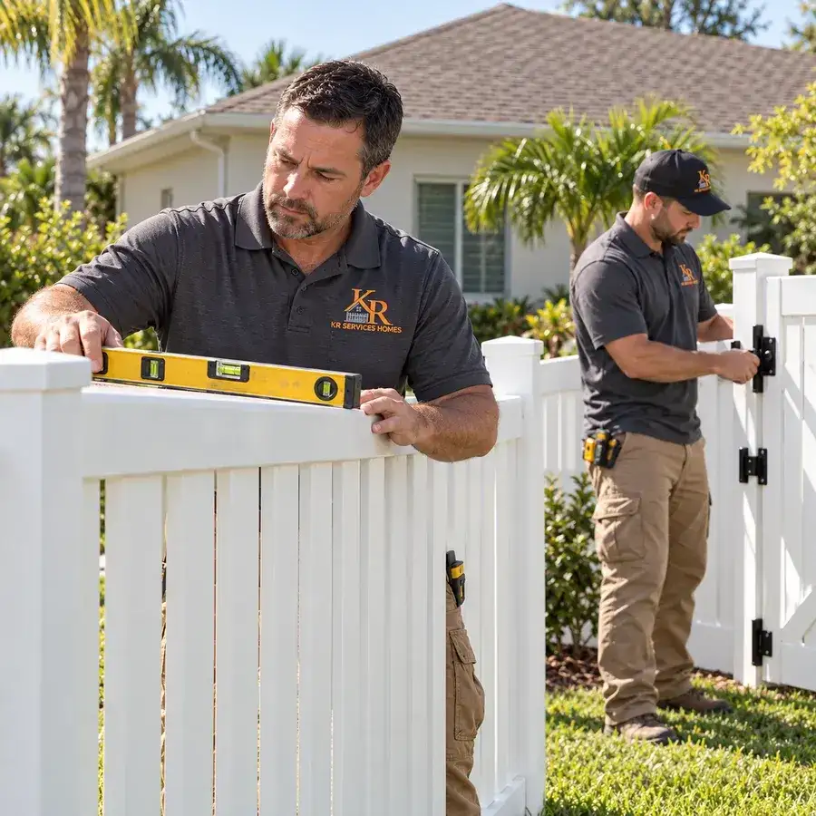 Two KR Services Homes installers leveling a white vinyl fence and adjusting a gate at a Florida home
